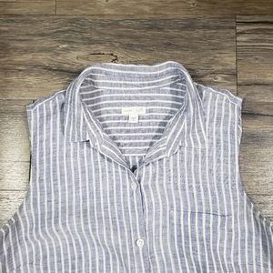 J Jill Love Linen Stripe Preppy Nautical Tunic Top Button Front Blouse Size M